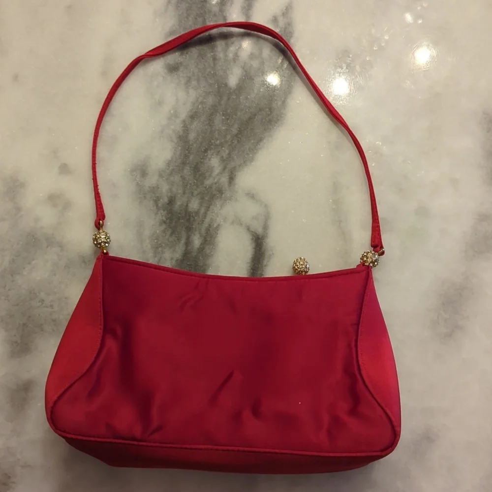 Vintage Valerie Stevens red satin Evening Bag With Jeweled Hardware - Picture 7 of 13